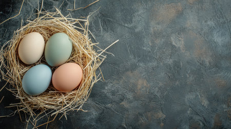 A charming arrangement of four pastel eggs resting in a straw nest on a rustic surface. This image evokes a sense of tranquility and seasonal celebration.の素材