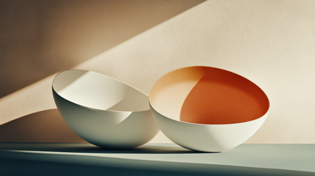 Two elegant bowls in warm tones rest on a surface, casting soft shadows. The minimalist composition highlights their unique shapes and textures, creating a soothing aesthetic.の素材