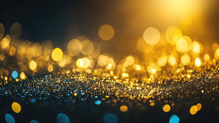 A mesmerizing abstract background featuring glowing bokeh lights in soft focus. This vibrant composition showcases a dreamy blend of warm golden and cool blue tones.の素材
