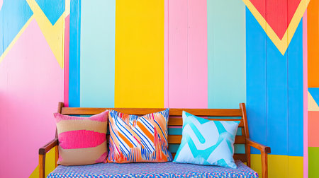 A cozy wooden bench adorned with vibrant cushions against a colorful wall, creating an inviting and cheerful atmosphere perfect for relaxation and enjoyment.の素材