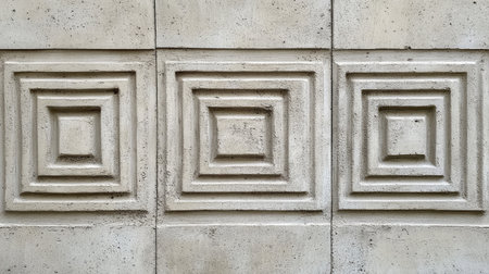 Close-up view of a textured cement wall featuring geometric square patterns, showcasing shadows and light interplay, ideal for architectural and design projects.の素材