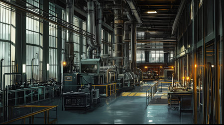 A spacious industrial interior featuring machinery and equipment, showcasing modern manufacturing processes with intricate designs and balanced lighting, ideal for various projects.の素材