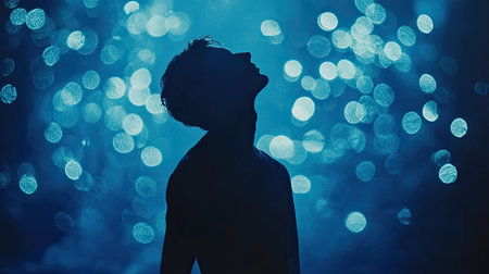 A captivating silhouette of a person stands against a backdrop of blue bokeh lights, creating an ethereal and dreamy atmosphere that evokes emotion and contemplation.の素材