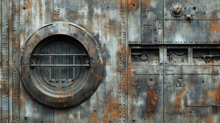 Close-up of a weathered metal surface featuring a circular porthole. The textures and rust create an industrial and vintage aesthetic, perfect for background use.の素材