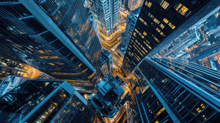 Stunning aerial view of skyscrapers and city streets glowing at night. The intricate urban landscape showcases modern architecture and dynamic city life.の素材