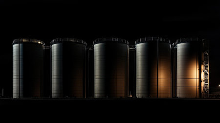 A striking image of industrial storage tanks illuminated against a dark night sky. The metallic silos showcase modern engineering and construction design.の素材