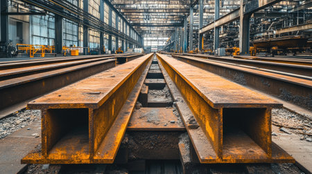 This image captures rusty steel rails in an abandoned industrial warehouse, showcasing a unique perspective on urban decay and outdated construction materials.の素材