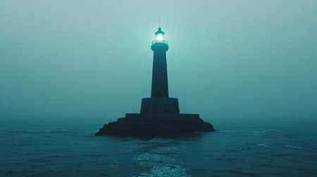 A majestic lighthouse stands tall in a foggy atmosphere, casting a serene glow over the calm waters. This tranquil scene captures the beauty of coastal navigation.の素材