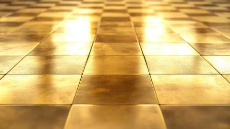 A stunning close-up of a golden checkerboard floor, showcasing glossy tiles that reflect light beautifully, creating an elegant and luxurious ambiance in any space.の素材
