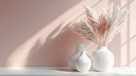 This elegant image features white vases holding dried flowers against a soft pink wall, creating a serene and modern home decor moment filled with natural beauty.の素材