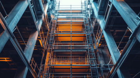This image showcases a construction site from a unique perspective, highlighting scaffolding against dramatic lighting. The interplay of colors emphasizes the industrial environment.の素材