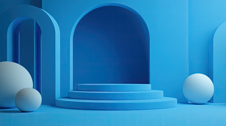 This image features an abstract blue interior showcasing geometric shapes with smooth textures. Ideal for modern design projects, digital backgrounds, and creative displays.の素材