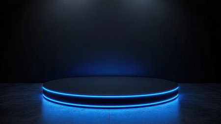 A stunning illuminated round stage featuring a captivating blue light glow against a dark background, perfect for creative showcases and performances.の素材