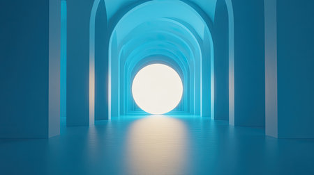 A serene blue archway with a bright circular light at the end creates a tranquil and dreamy atmosphere, perfect for abstract themes and modern designs.の素材