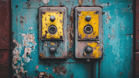 Close-up view of a weathered industrial control panel with rusty buttons. The vibrant yellow contrasts against the aged blue background, representing decay and obsolescence.の素材