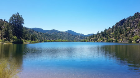 This serene lake scene features clear water reflecting distant mountains under a bright blue sky, perfect for outdoor adventures and nature escapes.の素材