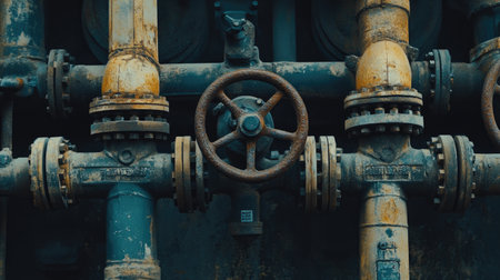 A close-up view of rusty industrial pipes and valves showcasing weathered textures. This image highlights the intricate details of machinery in a factory setting.の素材
