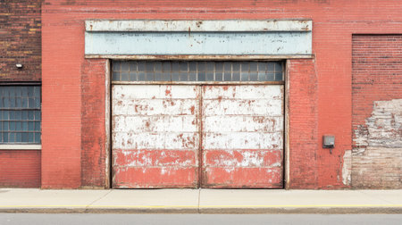 A close-up shot of weathered red bricks and rustic wooden garage doors, showcasing urban decay and architectural texture in a vibrant city setting.の素材