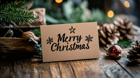 A delightful Christmas card with a heartfelt message, set against a backdrop of rustic wood, pine cones, and shiny ornaments, capturing the essence of festive celebration.の素材