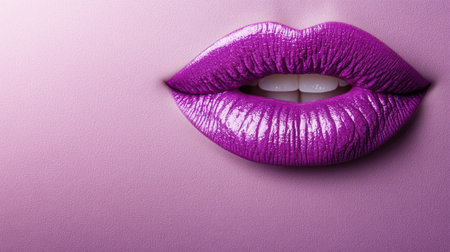 A captivating close-up of glossy purple lips set against a soft pink background. This image embodies beauty, elegance, and modern cosmetic artistry.の素材