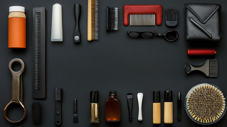 A top-down view of various grooming tools and beauty accessories arranged neatly on a dark surface, highlighting the essentials for personal care and styling routines.の素材