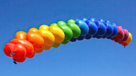 A stunning display of colorful balloons soaring in a bright blue sky, perfect for evoking feelings of joy and celebration in various creative projects.の素材