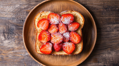 A delicious slice of toast topped with fresh strawberries and a dusting of powdered sugar, presented on a wooden plate. Perfect for breakfast or a sweet snack.の素材