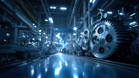 A captivating view of industrial machinery featuring metallic gears and cogs in a spacious factory setting. This image highlights the essence of modern manufacturing processes.の素材