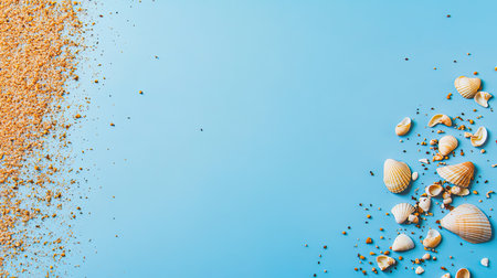 A serene composition featuring sandy beach textures and seashells arranged on a vibrant blue background, evoking relaxation and summer vibes perfect for vacation themes.の素材