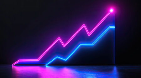 Bright neon graph illustration symbolizing growth and success. The dynamic design showcases a colorful upward trend against a dark background, ideal for business and finance themes.の素材
