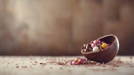 A beautifully crafted chocolate egg filled with an assortment of colorful candies sits on a rustic wooden table, creating a delightful treat perfect for celebrations.の素材