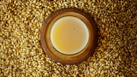A glass of fresh brewed beer sits on a wooden circle, surrounded by golden barley grains. This composition highlights the essence of brewing and agriculture.の素材