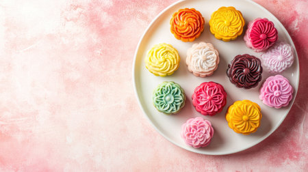 Vibrant flower-shaped cakes arranged on a white plate create a delightful visual on a pink textured background. Perfect for celebrations and events.の素材