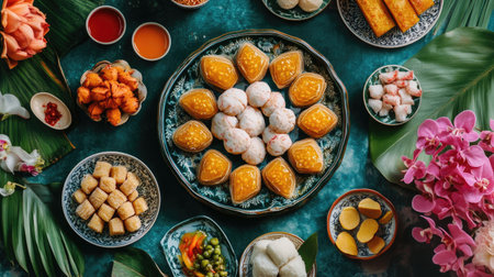 A vibrant assortment of Asian dumplings and snacks beautifully arranged on a colorful plate, complemented by tropical flowers and leaves, perfect for festive occasions.の素材