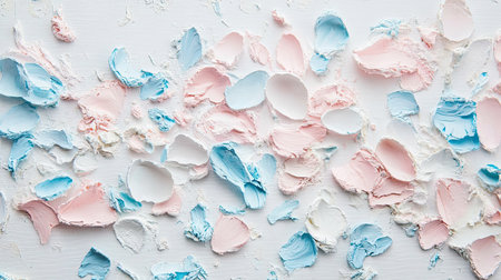 Vibrant abstract texture featuring various blue and pink paint scraps on a white background. Perfect for artistic projects or creative design inspiration.の素材