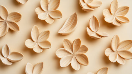 A captivating arrangement of delicate wooden petals in various shapes showcases natural beauty against a soft beige backdrop. Ideal for creative projects.の素材