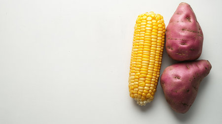 A fresh corn cob next to sweet potatoes on a clean white background. Ideal for showcasing healthy eating, cooking, or vibrant ingredients in meals.の素材
