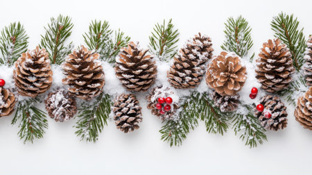 Captivating arrangement of snowy pinecones and evergreen branches, perfect for holiday decoration. Ideal for seasonal designs and festive themes.の素材