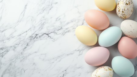A stunning arrangement of colorful Easter eggs on a marble background, perfect for spring celebrations, showcasing vibrant pastel hues and intricate patterns.の素材