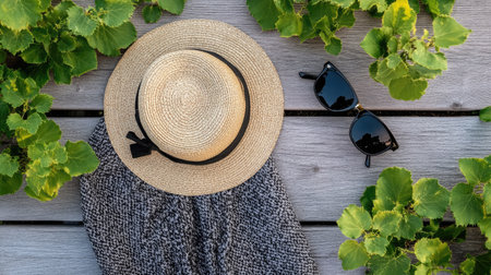 A trendy straw hat and chic sunglasses lay on a rustic wooden table surrounded by vibrant green leaves, evoking a sense of summer relaxation and style.の素材