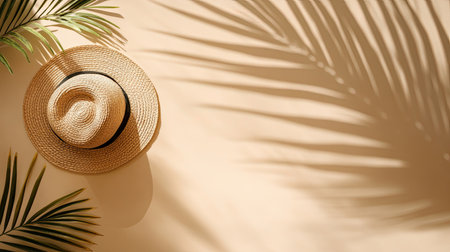 A stylish straw hat rests against a soft background, surrounded by palm leaves casting gentle shadows, evoking a serene summer vibe perfect for relaxation and vacation.の素材