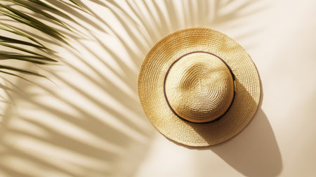 A beautifully woven straw hat rests against a light background, casting delicate shadows from tropical leaves. Perfect for summer vibes and vacation themes.の素材