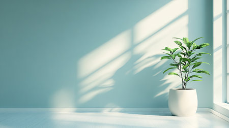 A serene indoor setting featuring a green plant in a stylish pot, casting soft shadows on a light wall, creating a tranquil atmosphere perfect for relaxation.の素材