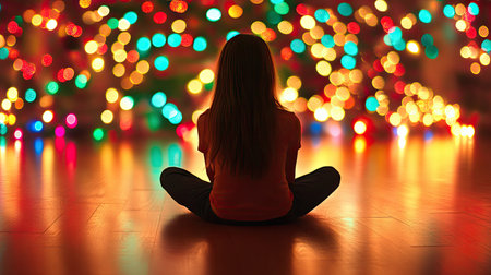 A serene image of a child sitting cross-legged, gazing at vibrant Christmas lights. This enchanting setting captures the magic of the holiday season and reflects joyful moments.の素材