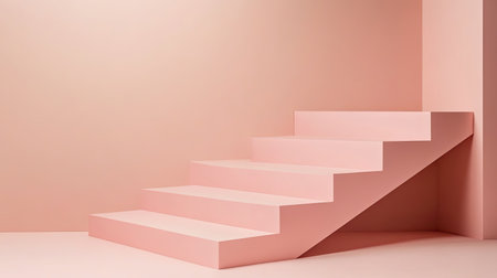 This modern minimalist image features a pink staircase against a soft pink backdrop. It showcases geometric shapes and a clean aesthetic, perfect for design inspiration.の素材