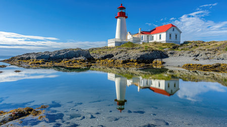 A stunning lighthouse stands proudly by the sea, reflecting in calm waters under a clear blue sky. This serene coastal scene evokes tranquility.の素材