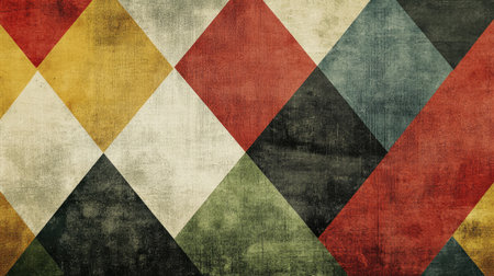 This image features a vintage geometric pattern with colorful diamond shapes. The textured background adds depth, making it ideal for creative projects.の素材