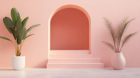 A serene and modern interior featuring an elegant archway, soft pink walls, and lush plants. Perfect for showcasing minimalist decor and tranquil living spaces.の素材