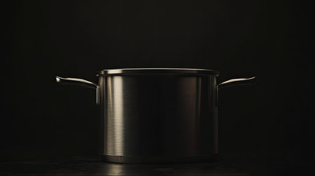 A sleek stainless steel cooking pot sits elegantly against a dark background. Its polished surface and modern design create a striking contrast, perfect for culinary visuals.の素材