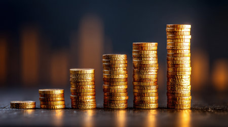 This captivating image features stacks of golden coins arranged to symbolize financial growth, set against a blurred background with soft lighting for a contemporary feel.の素材